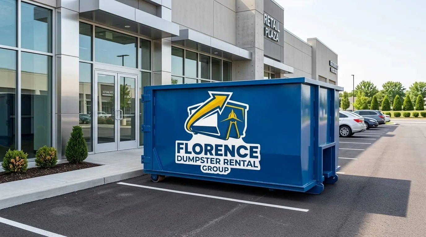 Commercial roll-off container outside a storefront in Florence, Alabama Commercial roll-off container outside a storefront in Florence, Alabama