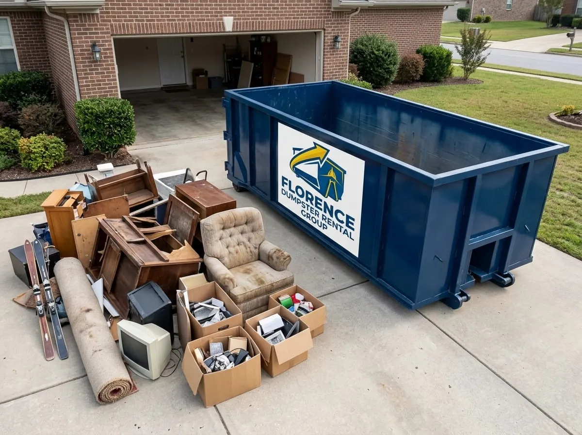 Driveway piled with furniture and fittings beside a roll-off container in Florence, Alabama Driveway piled with furniture and fittings beside a roll-off container in Florence, Alabama