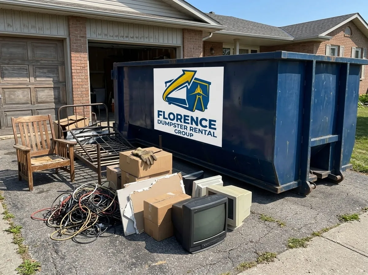 Garage cleanout with household items stacked beside a roll-off dumpster in Florence, Alabama