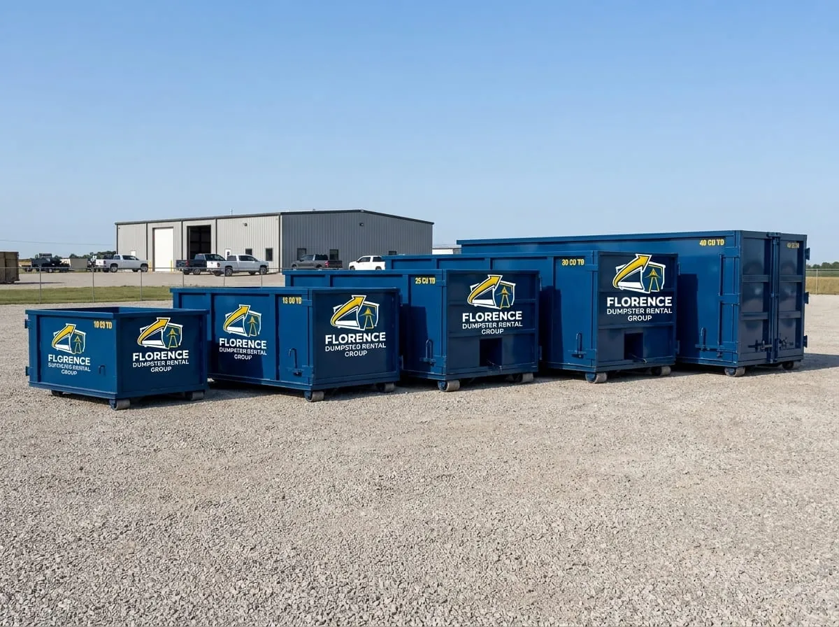 Florence Dumpster Rental Group roll-off truck fleet parked at the Florence yard