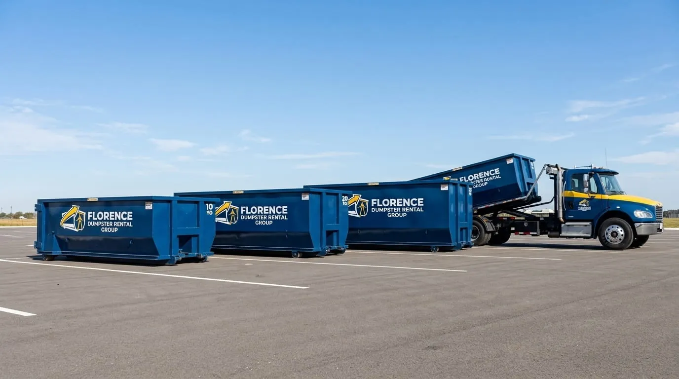Florence Dumpster Rental Group roll-off container and truck working a job in Lauderdale County