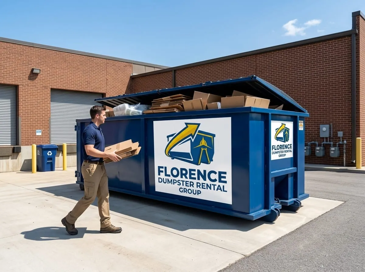 Worker loading material into a roll-off container at a commercial building in Florence, Alabama